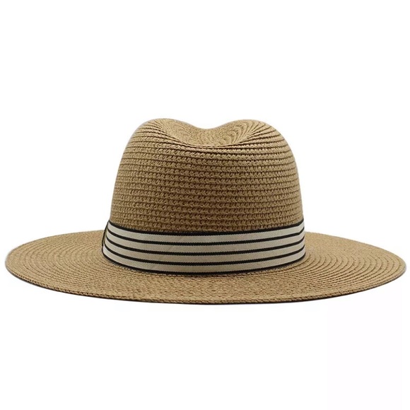 Khaki Woven Straw Beach Sun Fedora Hat - Picture 3 of 5